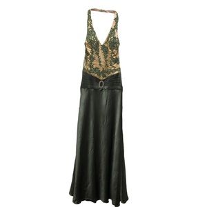 F.I.E.S.T.A Women's Size M Green/Gold Sequin V-Neck Halter Back Wedding Dress